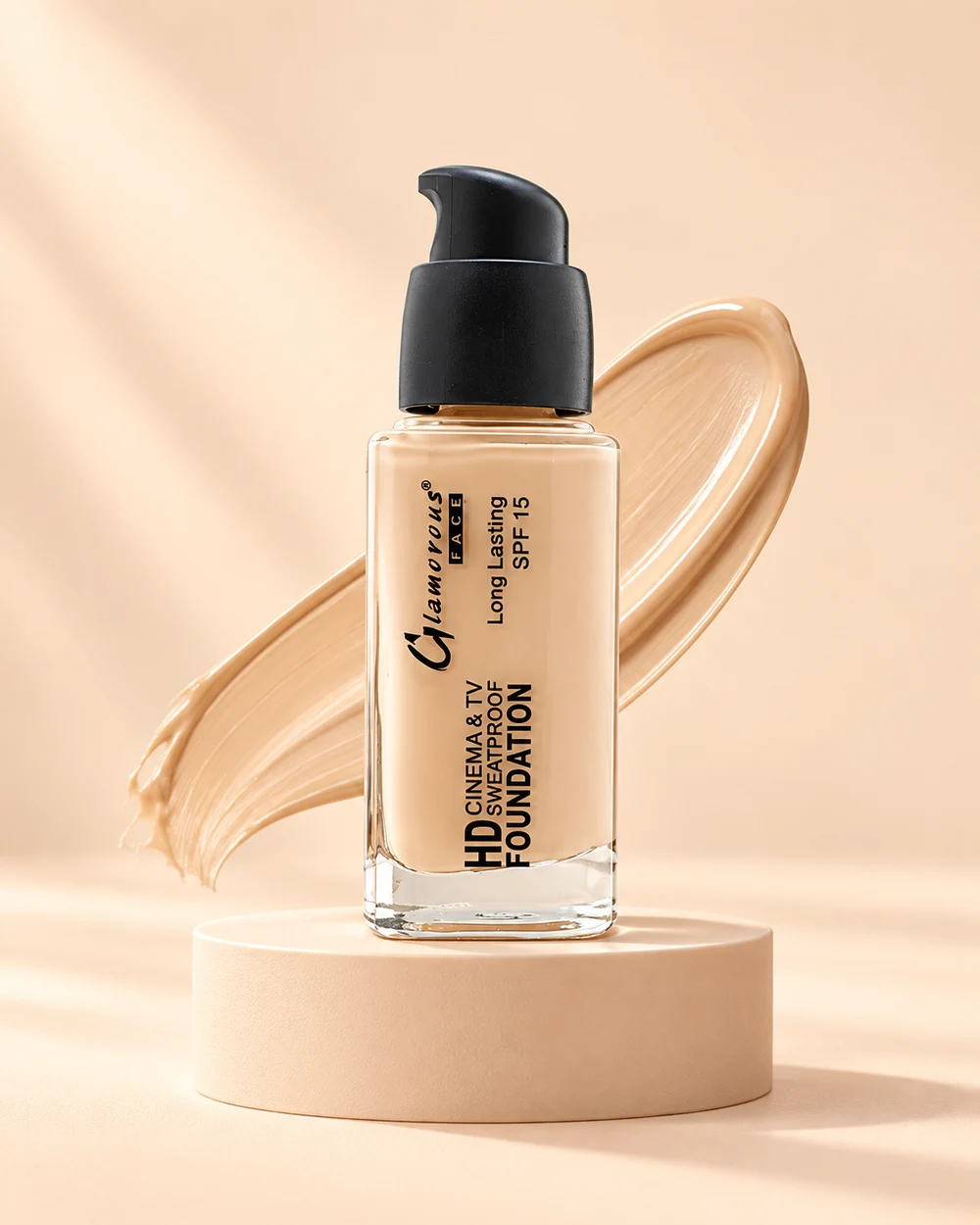 Foundation in a soft peach studio setting